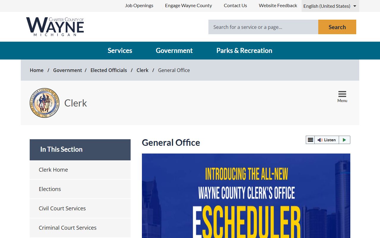 Wayne County Clerk General Office page for marriage, birth, death, and vital records