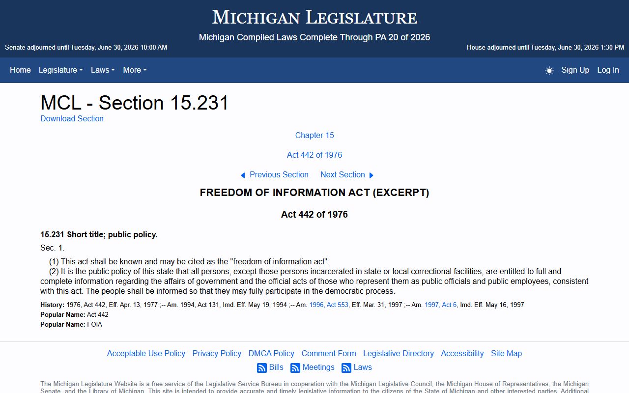 Michigan statute on public bodies generally, tied to Wayne County Clerk records access
