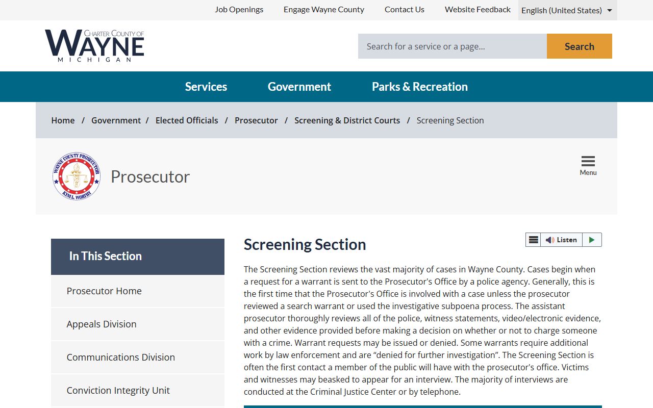 Wayne County arrest records and court charges: Prosecutor Screening Section page on warrant-request review