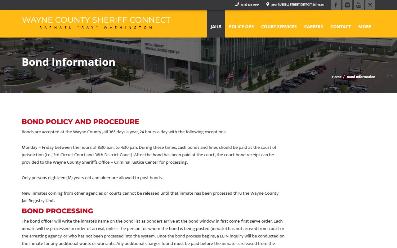 Wayne County arrest records and court charges: Sheriff bond policy page with hours and payment types