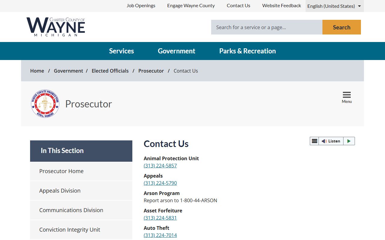 Wayne County arrest records and court charges: Prosecutor office contacts and locations page