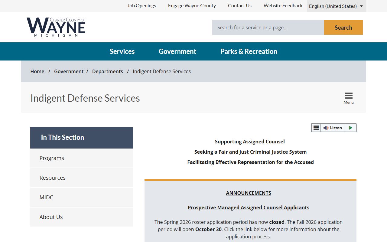 Wayne County arrest records and court charges: Wayne County Indigent Defense Services department page