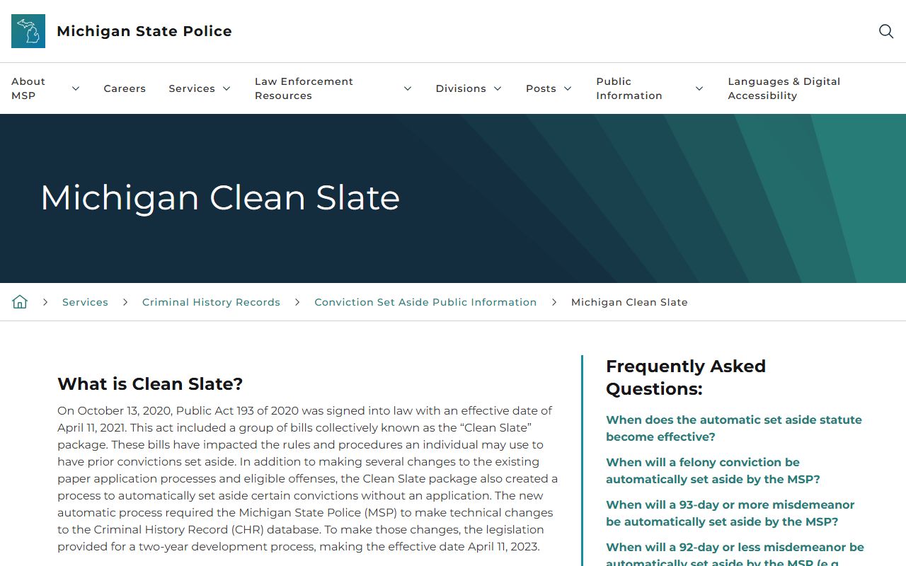 Wayne County arrest records and court charges: Michigan State Police Clean Slate set-aside information page