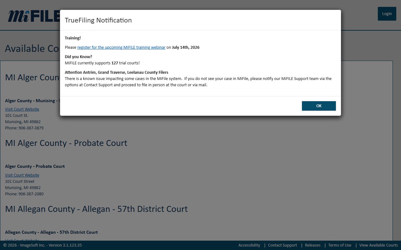Michigan MiFILE available courts list used to find Wayne County court dockets