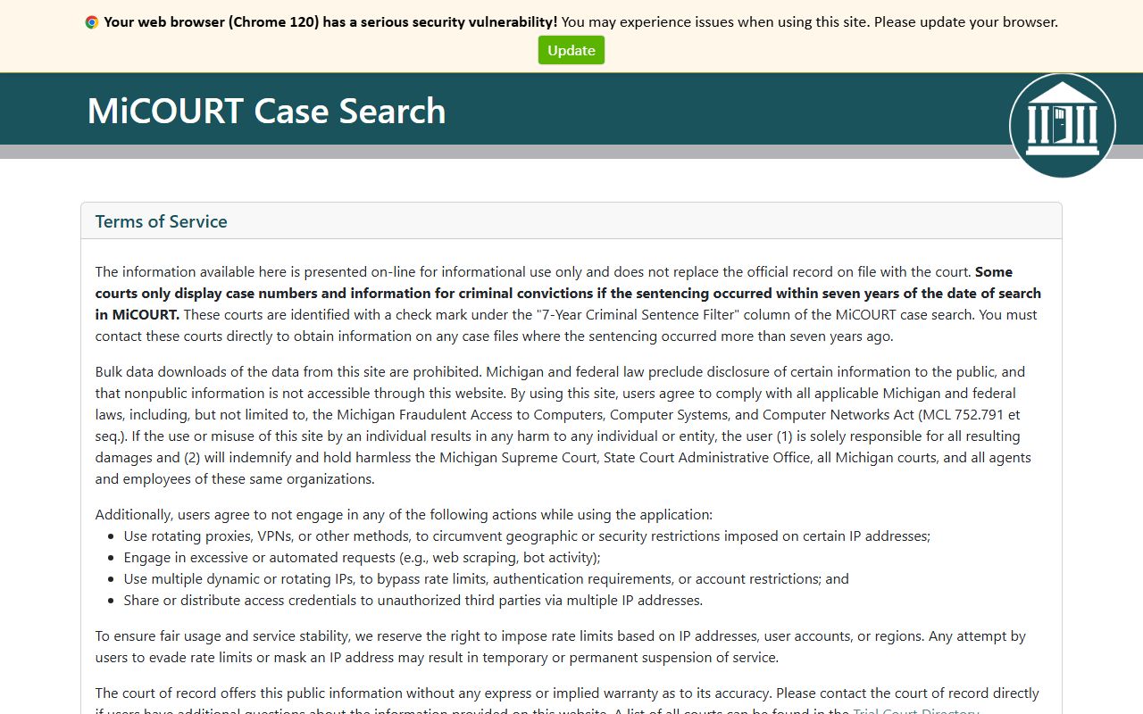 Michigan statewide MiCOURT case search for Wayne County court dockets