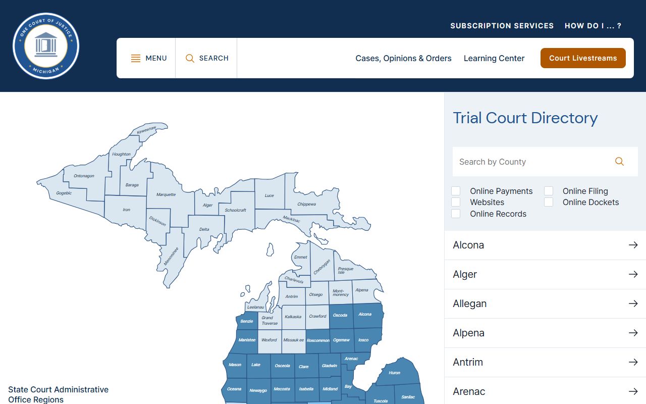 Michigan Trial Court Directory listing Wayne County court dockets and online records