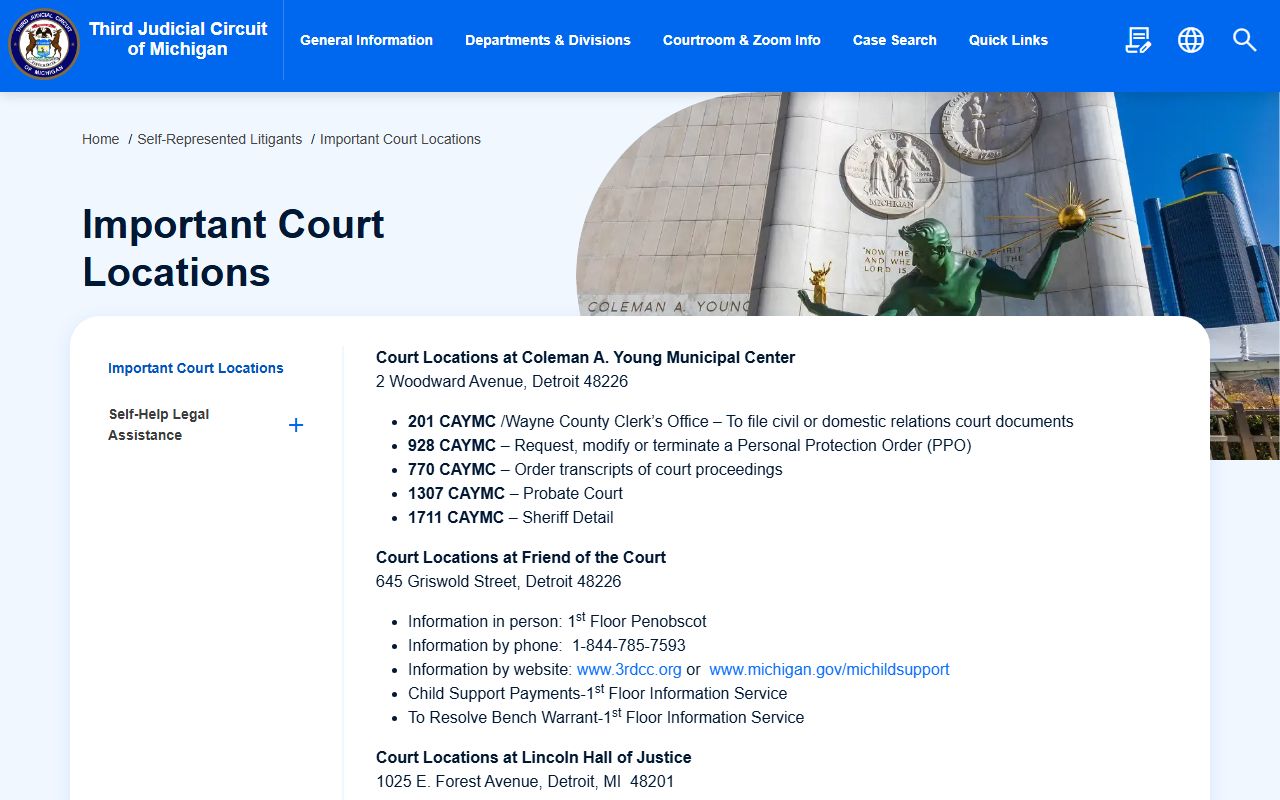 Third Circuit locations guide with room numbers for Wayne County court dockets and records