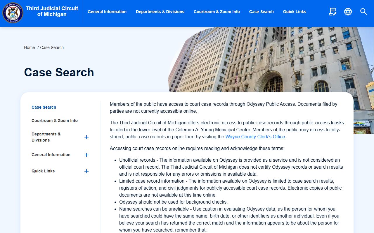 Wayne County court records search on the Third Circuit Odyssey Public Access page