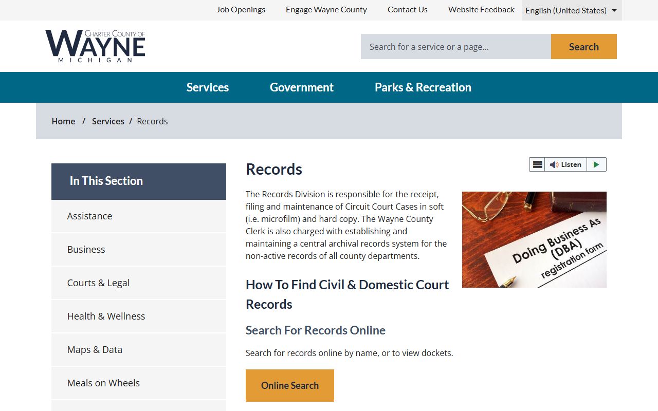 Wayne County court records copy channels on the County Clerk Records Division page