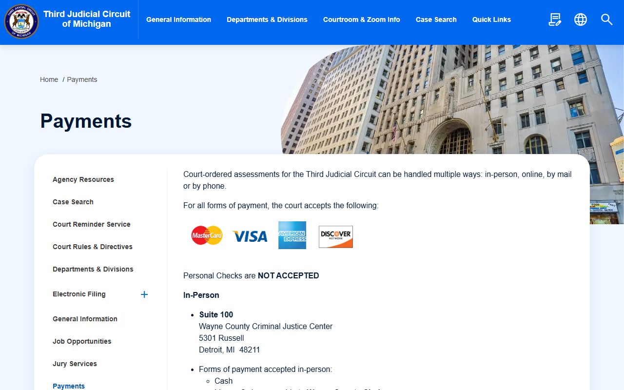 Third Circuit payment instructions for Wayne County criminal court records assessments and costs