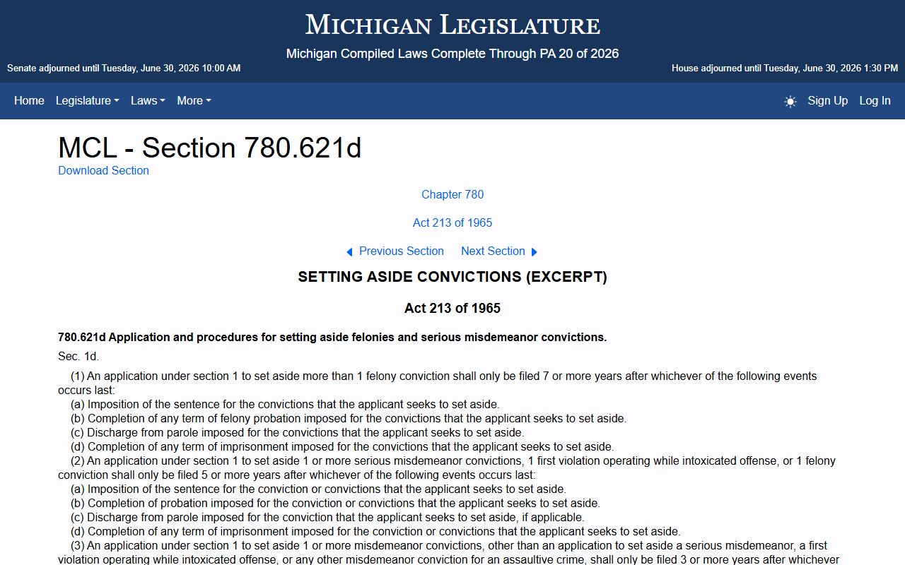 Michigan set-aside waiting period statute for Wayne County criminal court records expungement