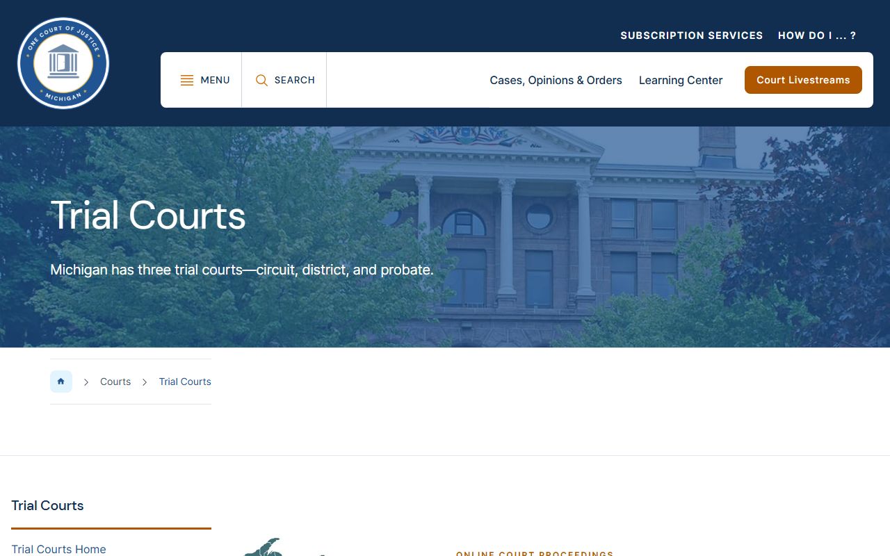 Michigan Courts trial-courts page describing Wayne County Circuit Court and other trial courts