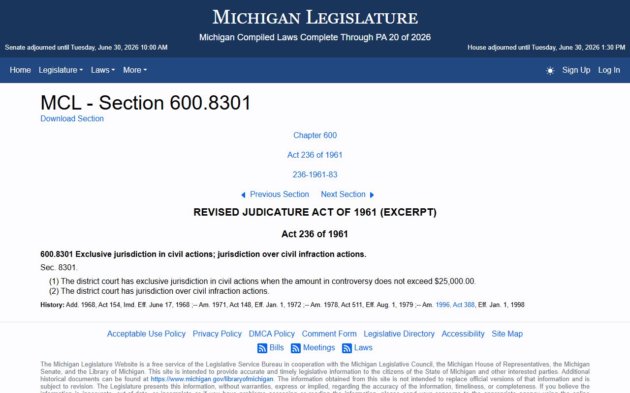 MCL 600.8301 setting Wayne County district court civil jurisdiction limits