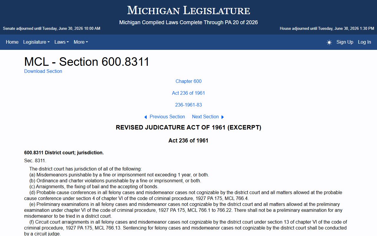 MCL 600.8311 defining Wayne County district court criminal jurisdiction and felony preliminary exams