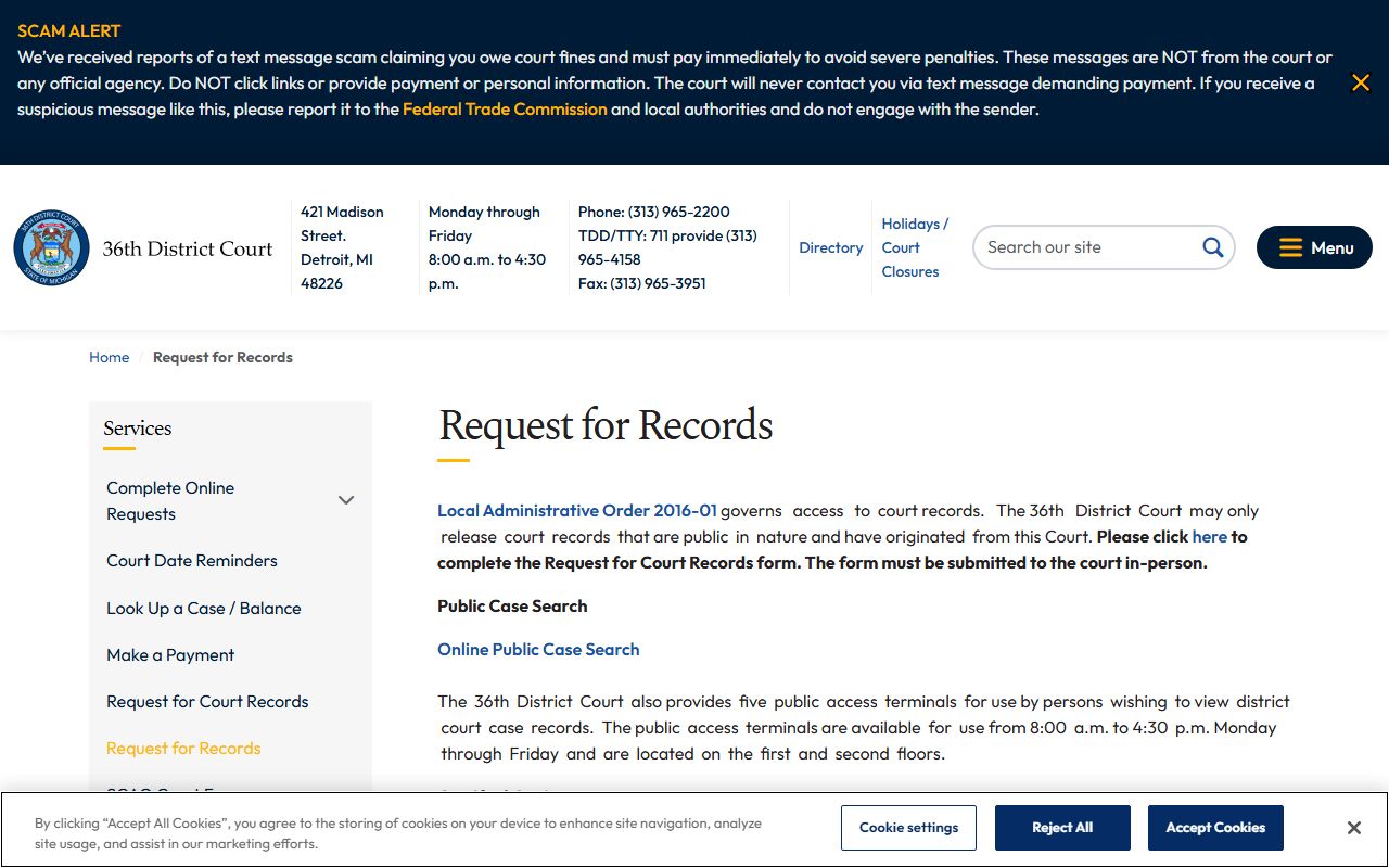 36th District Court records request page for Wayne County court records
