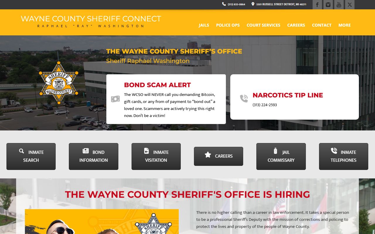 Wayne County Sheriff Connect home page with links to the jail inmate roster and custody tools