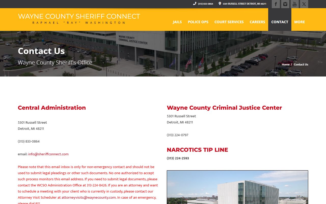 Wayne County Sheriff contact page with inmate information line and jail phone numbers