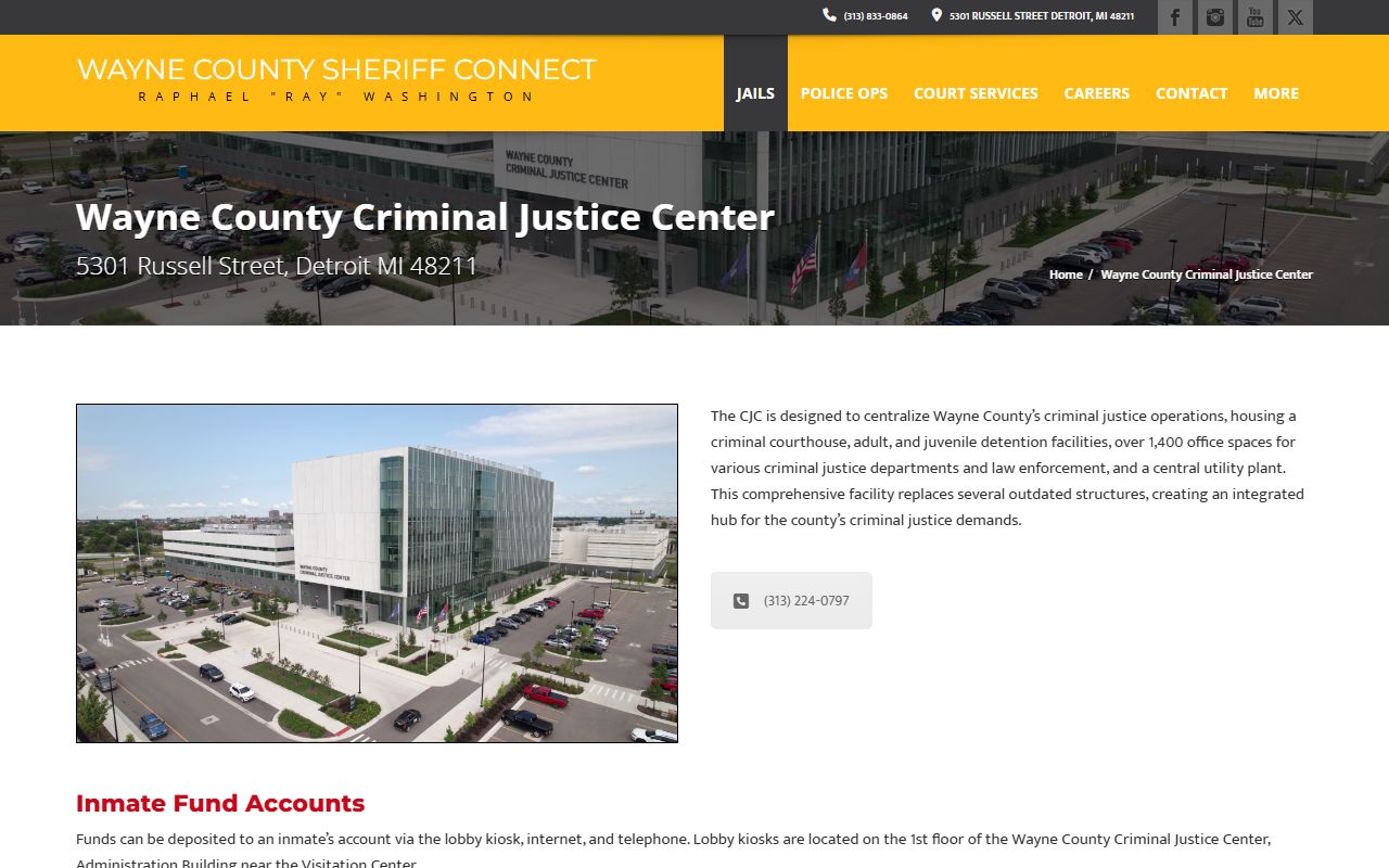 Wayne County Sheriff Criminal Justice Center and Adult Detention Facility jail information page