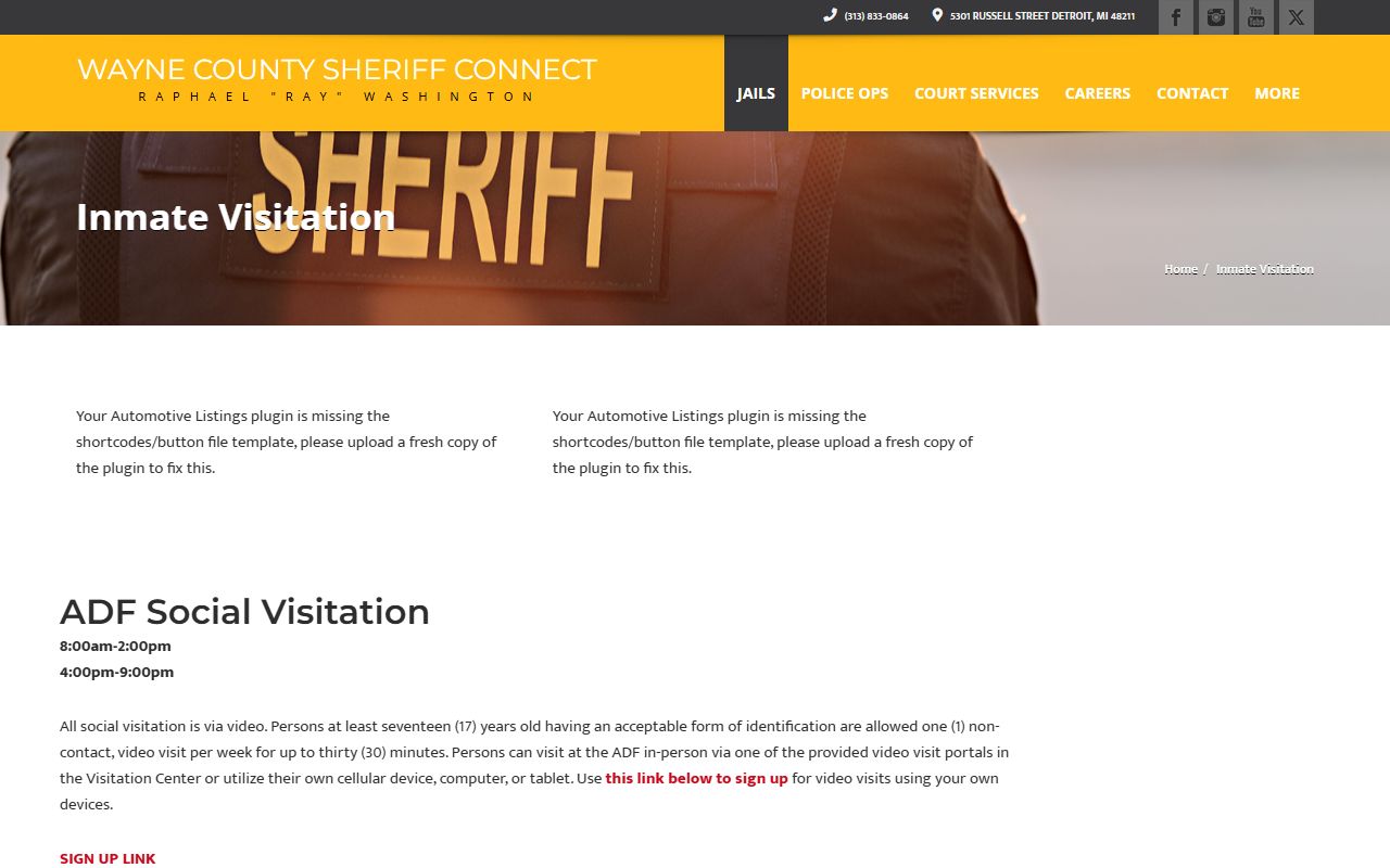 Wayne County jail inmate visitation page with video visit hours and ID rules