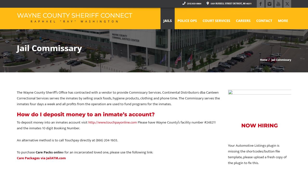 Wayne County jail commissary page with TouchPay and JailATM inmate fund deposit details