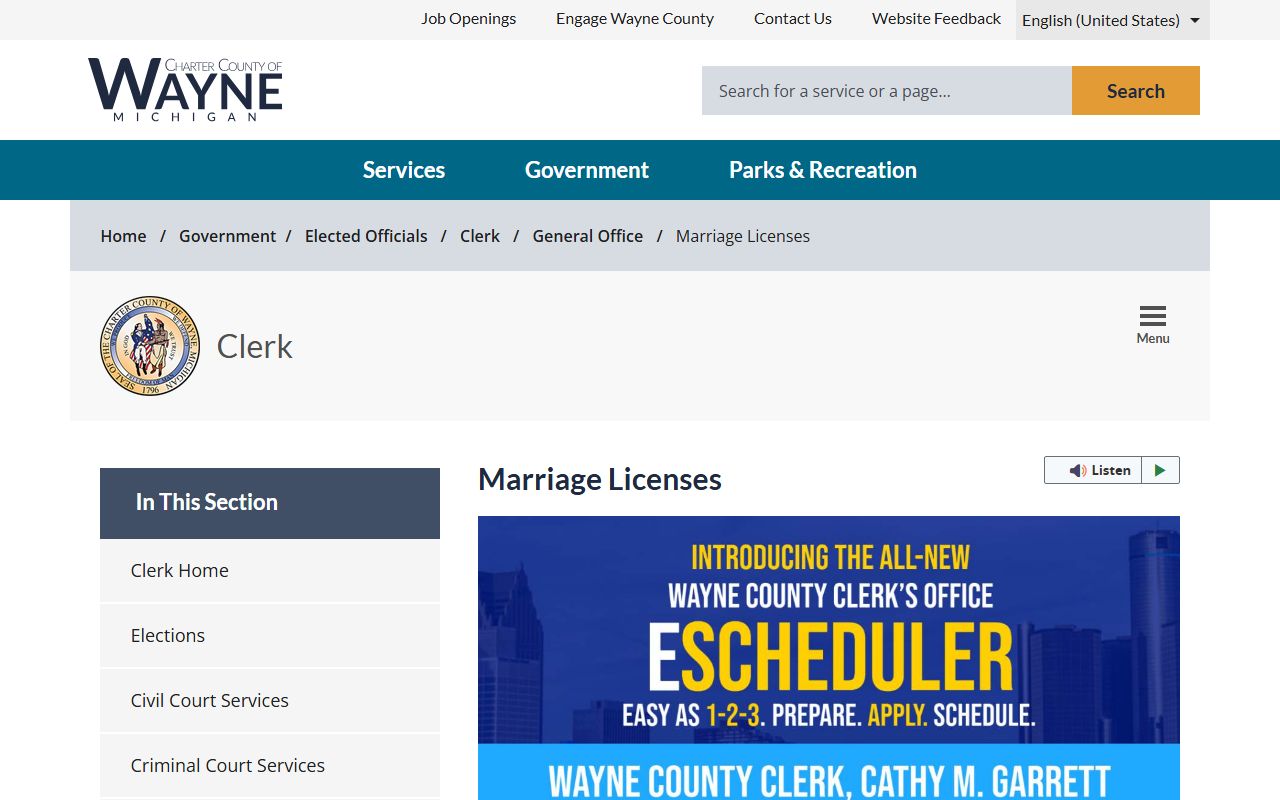Wayne County marriage license page listing steps, fees, and required documents for marriage and divorce records