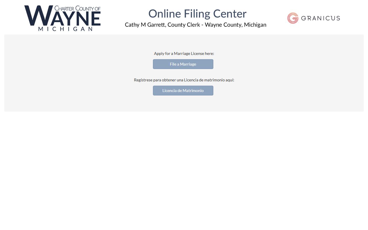 Wayne County eVitals online filing landing page used to start a marriage license application for county marriage and divorce records