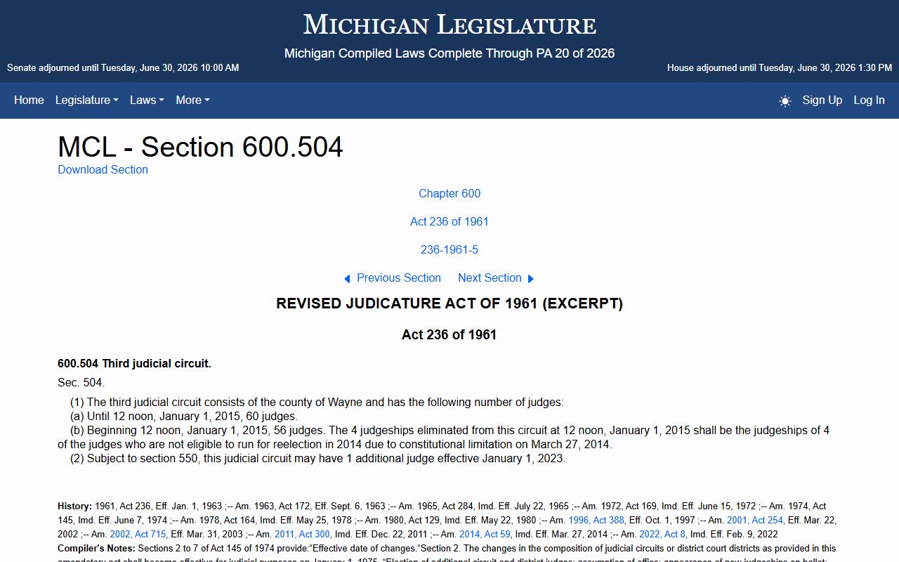 Michigan MCL 600.504 statute page confirming the Third Judicial Circuit that holds Wayne County divorce and marriage court records