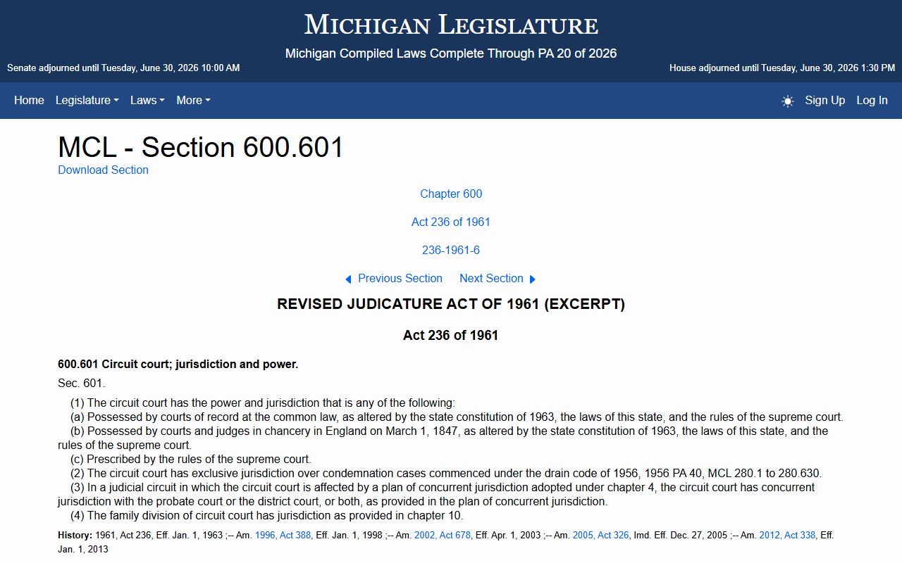 Michigan MCL 600.601 statute page on circuit court jurisdiction over Wayne County divorce and marriage records cases