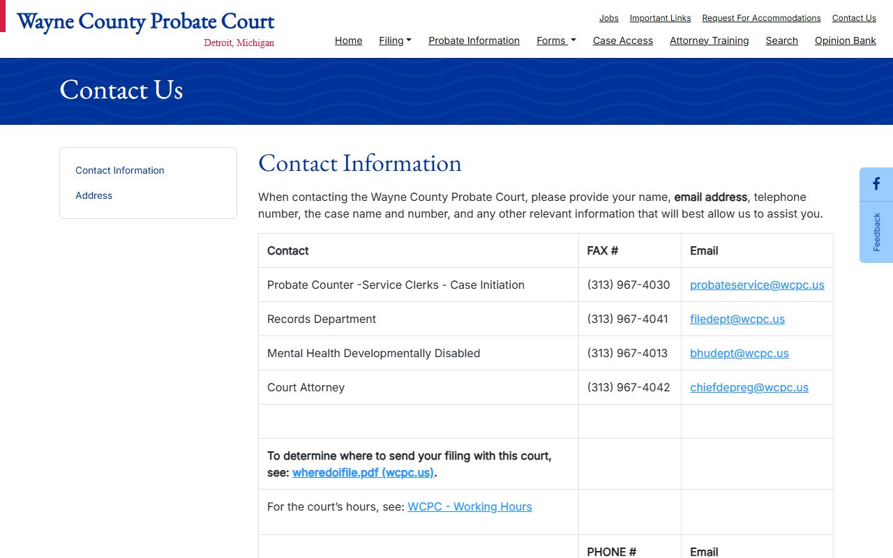 Wayne County probate court contact page with department emails and phone numbers