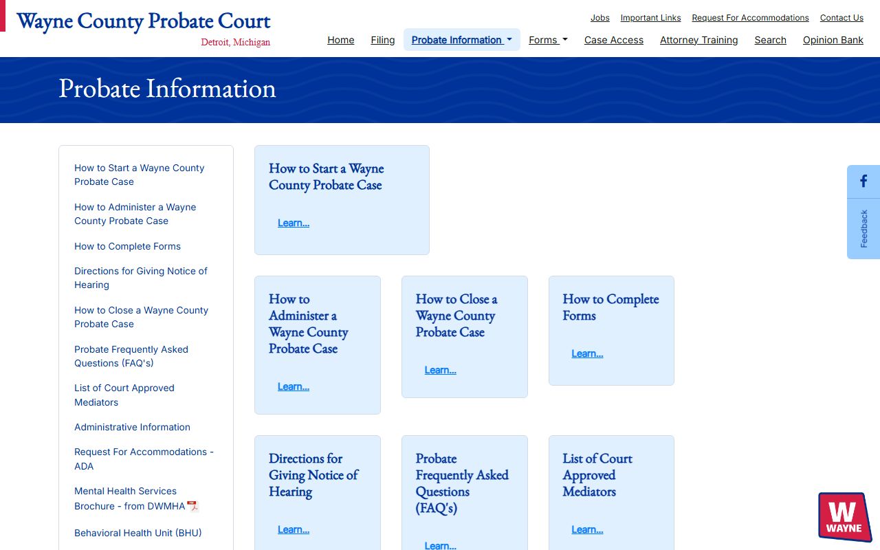 Wayne County probate information page listing estate, guardianship, and trust topics