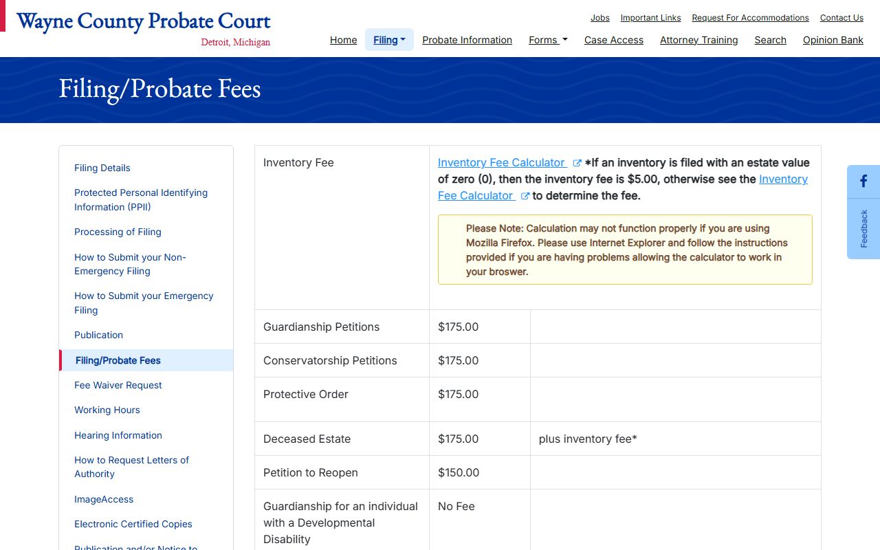 Wayne County probate court fee and payment page with ePayment details