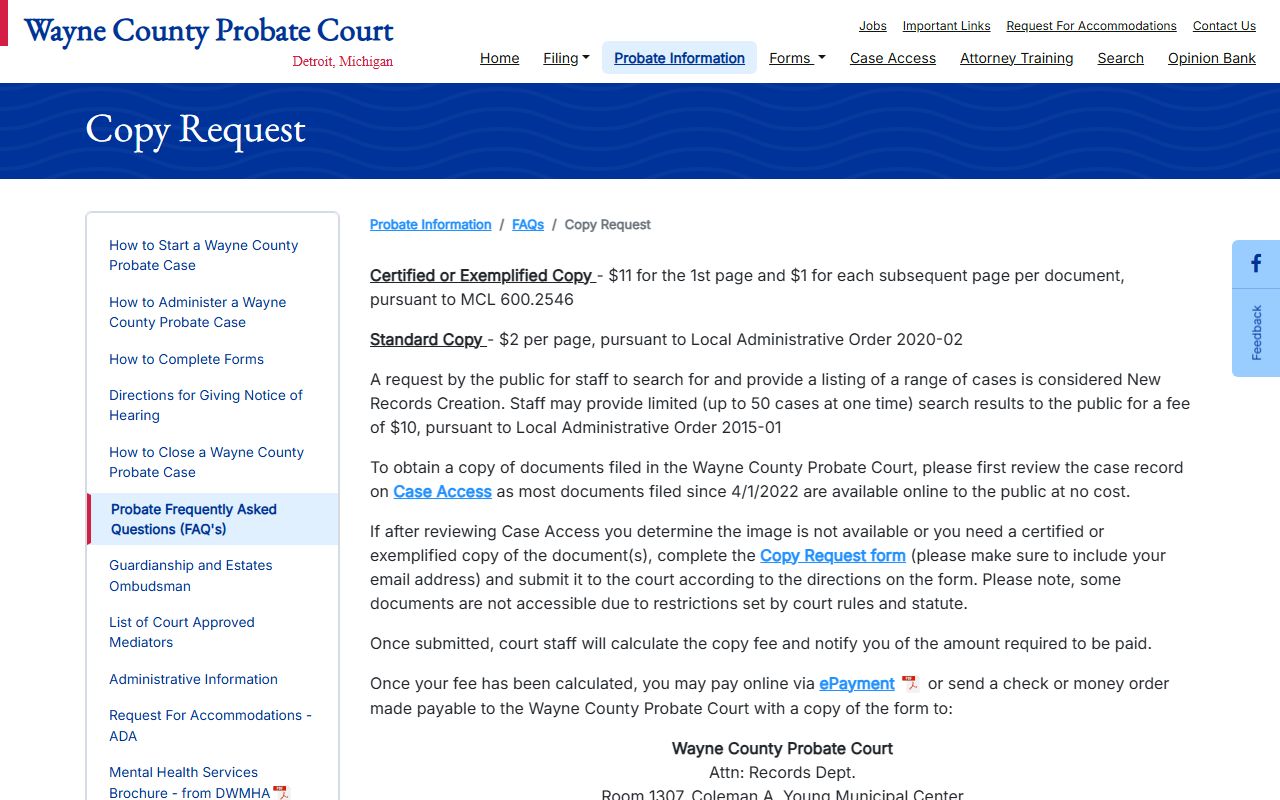 Wayne County probate copy request instructions for form WCPC81