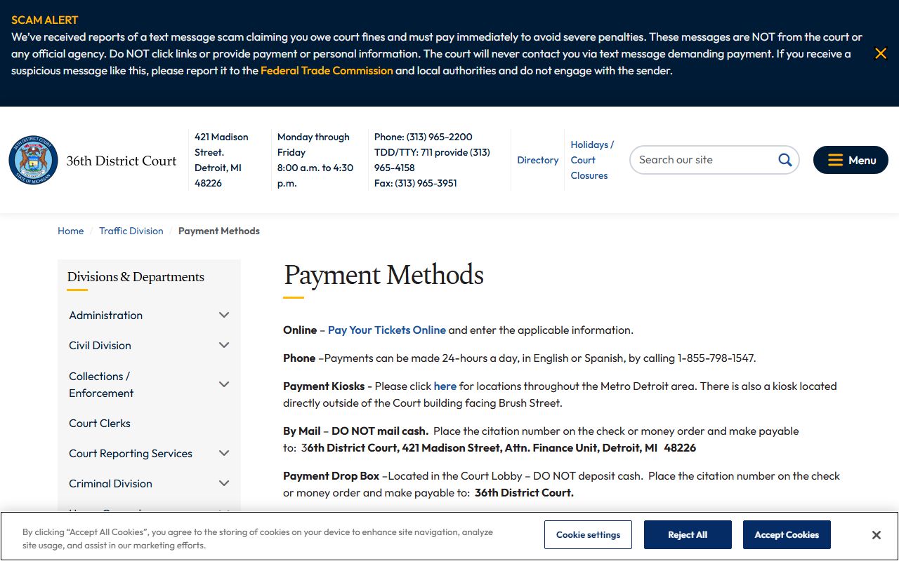 36th District Court traffic payment methods page for Wayne County traffic records, listing online, phone, kiosk, mail, and window options