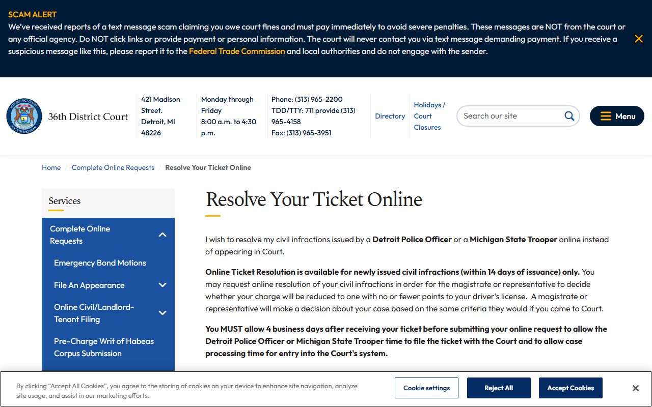 36th District Court online ticket resolution page for Wayne County traffic records, showing eligibility limits