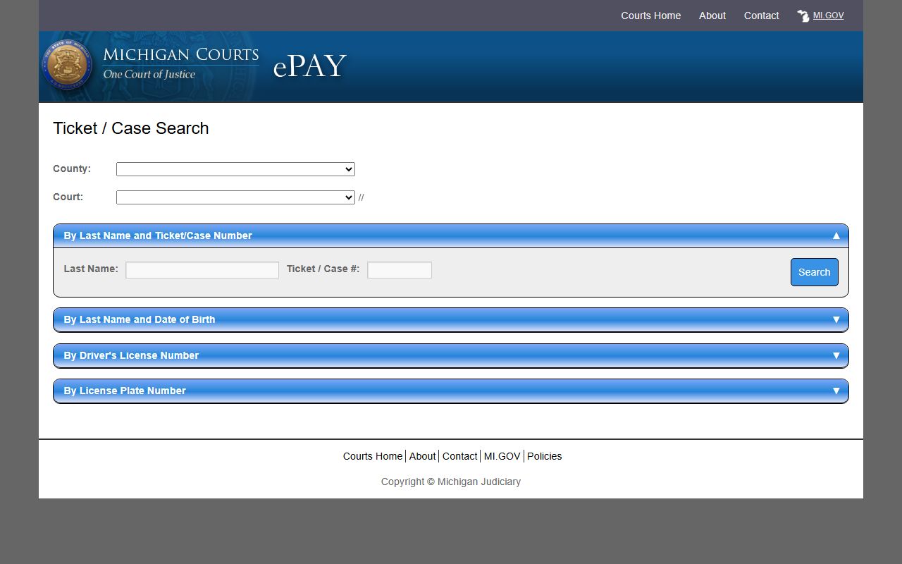 Michigan ePAY search page for Wayne County traffic records, searching by county, court, name, date of birth, driver license, or plate
