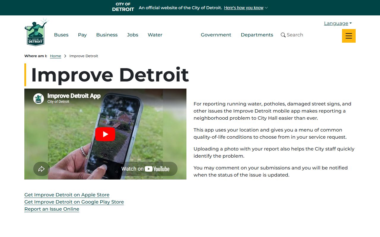 Improve Detroit reporting app page, a city channel separate from Wayne County traffic court records