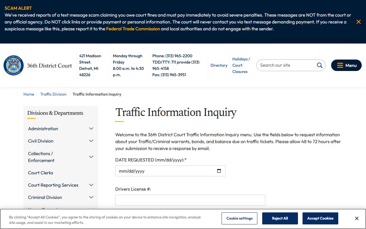 36th District Court request form for traffic and criminal Wayne County warrant information