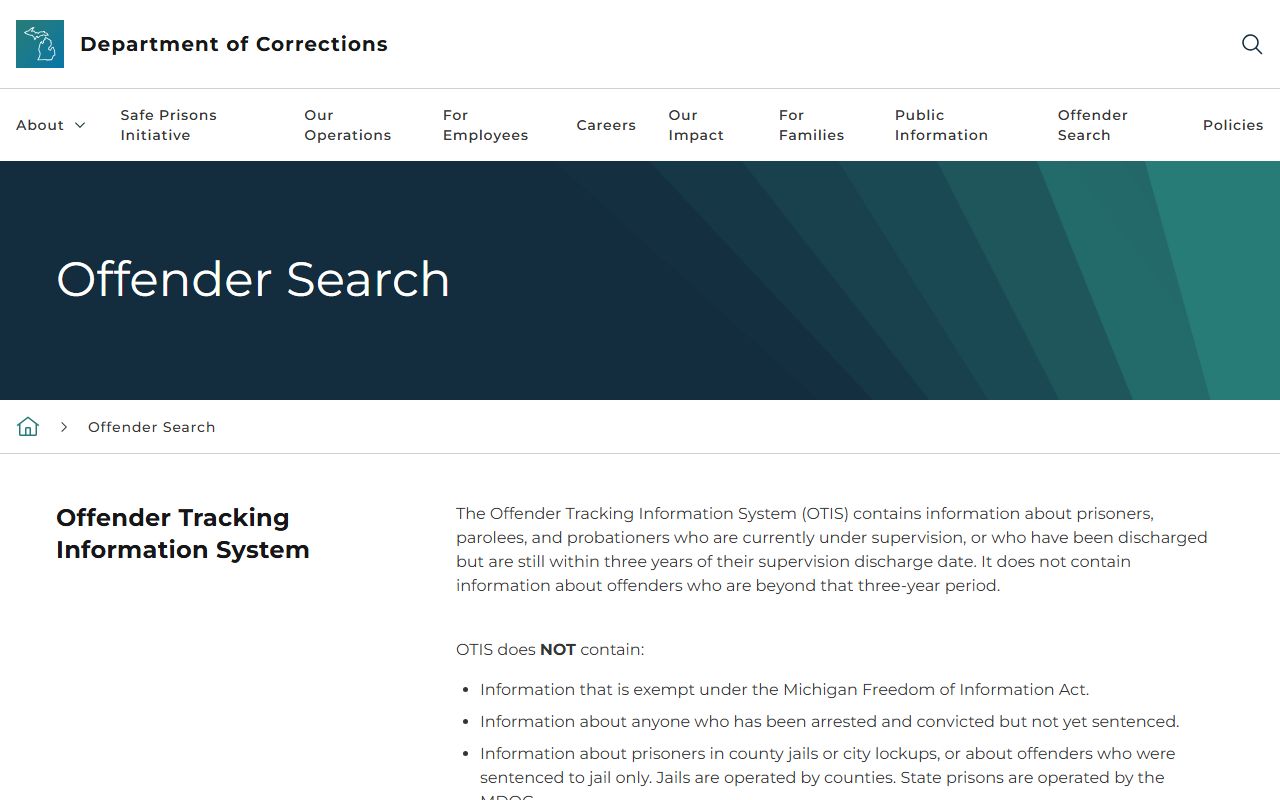 Michigan MDOC OTIS page used alongside a Wayne County warrant search