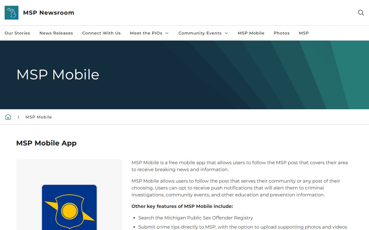 Michigan State Police mobile app page linked from a Wayne County warrant guide