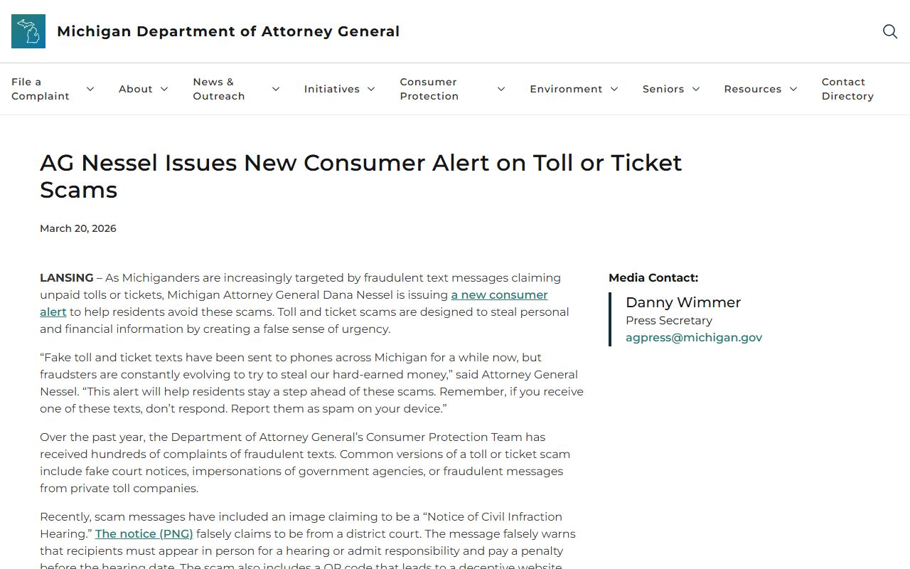 Michigan Attorney General 2026 consumer alert tied to Wayne County warrant scam texts