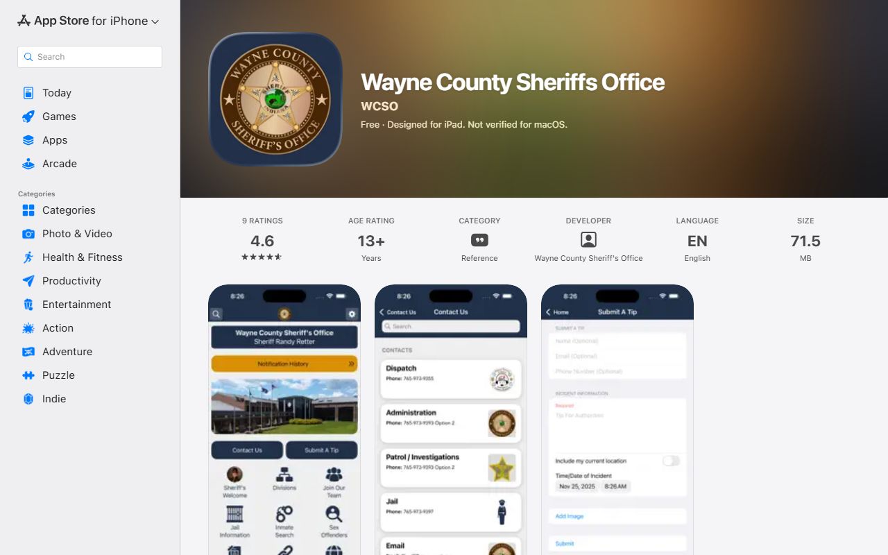 Wayne County Sheriff's Office iOS app listing referenced for Wayne County warrant tips